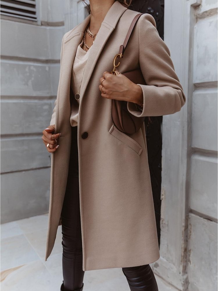 Fashion Lapel Knee Length Woolen Outerwear Jacket Coat