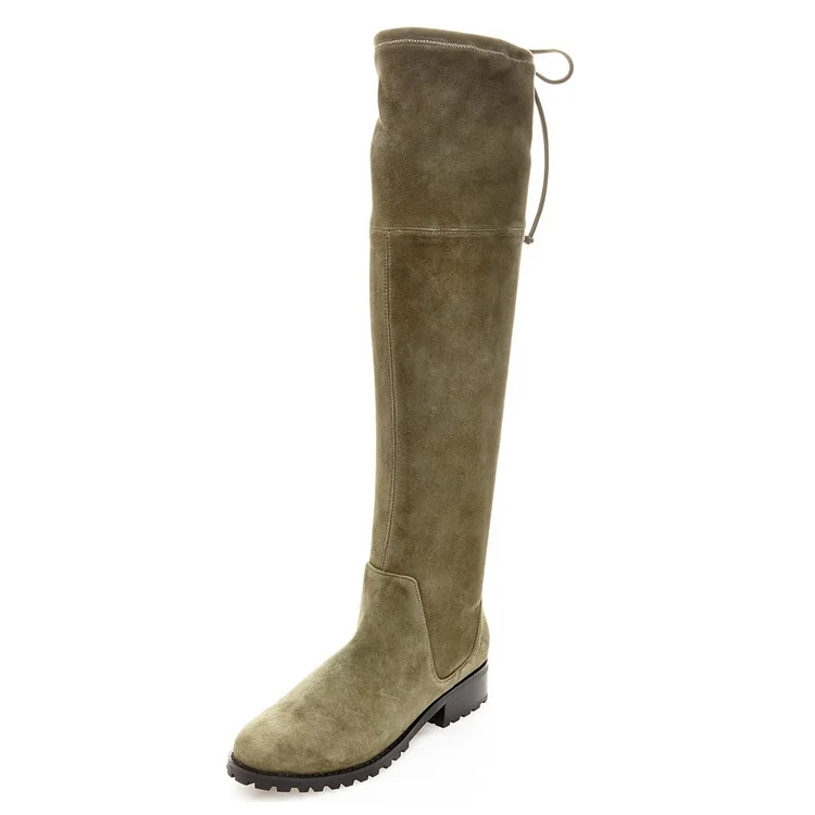 Vintage Green Long Boots Round Toe Flat Over-the-Knee Boots |FSJ Shoes