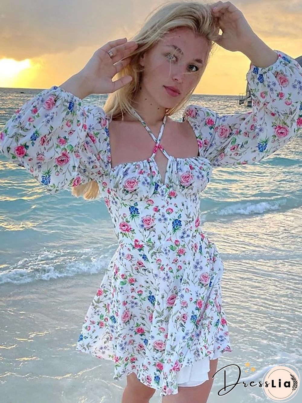 Floral Dress Women Lantern Long Sleeve Ruched Print A Line Square Neck Tie Up Mini Vestidos Sexy Chic Summer Beach Dress