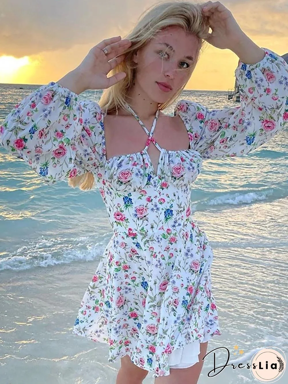 Floral Dress Women Lantern Long Sleeve Ruched Print A Line Square Neck Tie Up Mini Vestidos Sexy Chic Summer Beach Dress