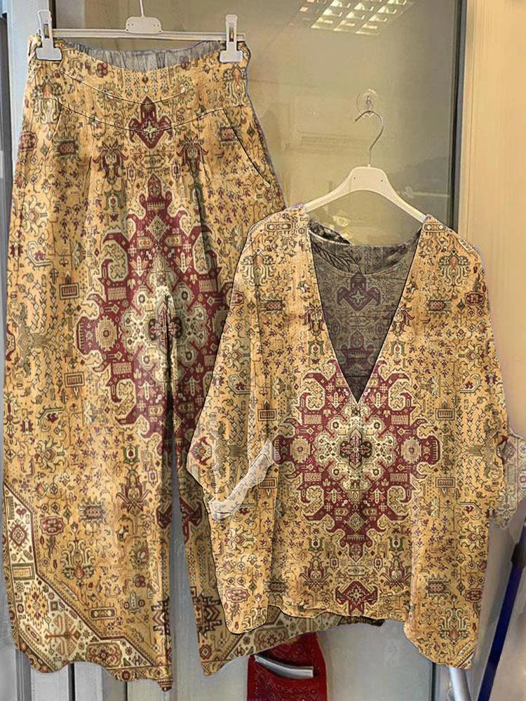 Women's Retro Ethnic Totem Print V-Neck Top Wide-Leg Pants Cotton Linen Suit