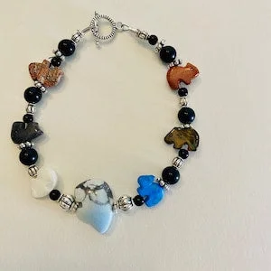 Pornhint Zuni Fetish Carved Animal Bear Beaded Bracelet medium light blue focal Bear and mixed gemstone animals