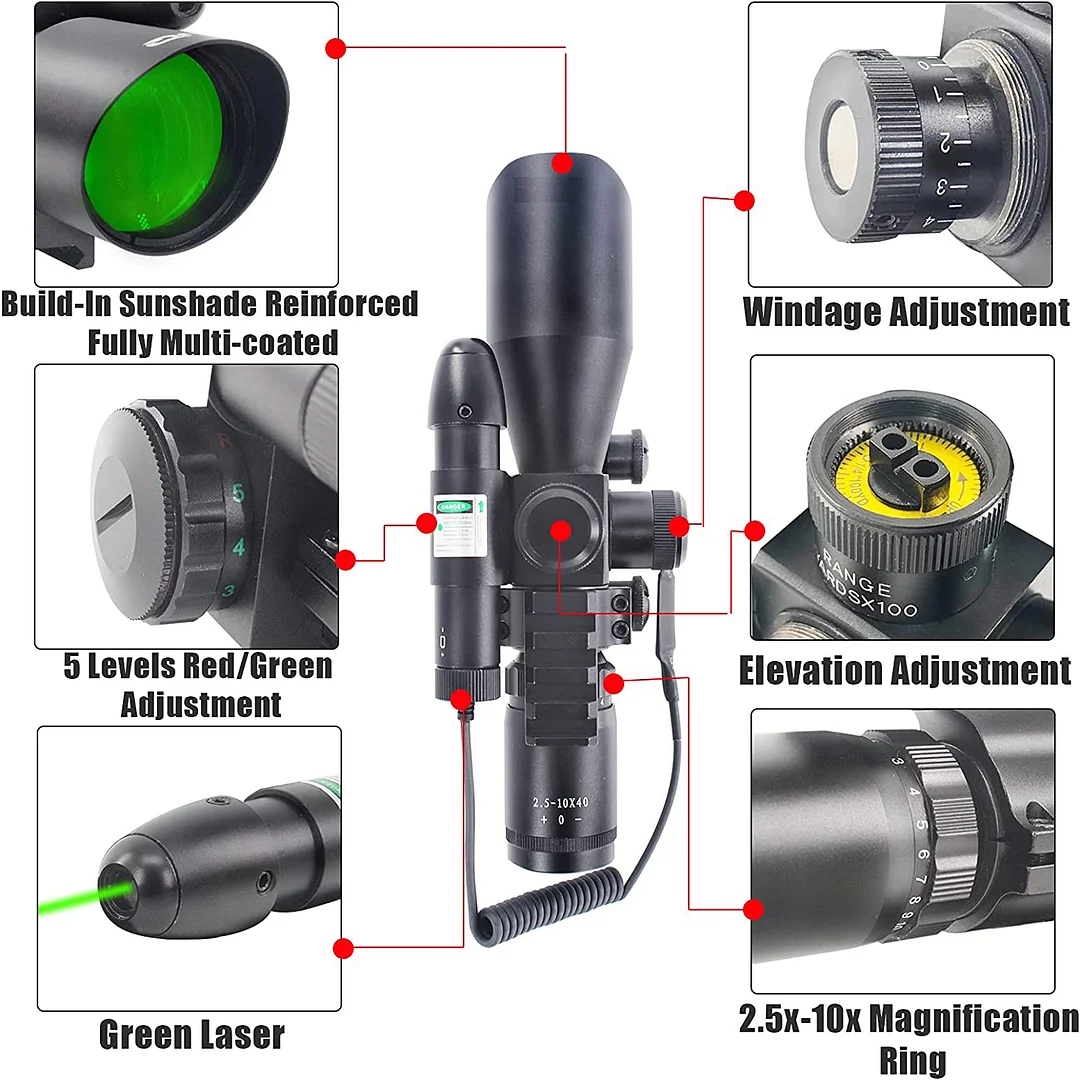 ohhunt® 2.5-10x40 Combo Rifle Scope, Dual Illuminated Mil-dot Reticle, W/Mini Reflex 3 MOA Red Dot Sight and Laser Sight