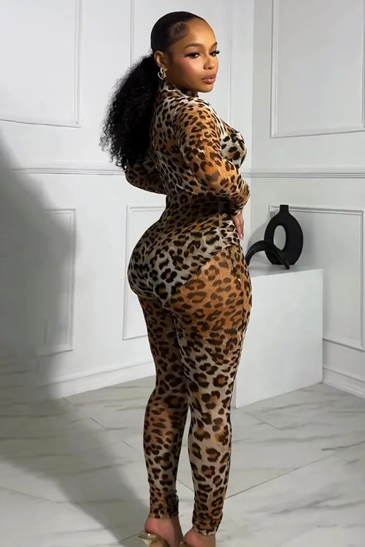 Leopard Print Semi-Sheer Long Sleeve Bodycon Party Jumpsuit-Brown [Pre Order]