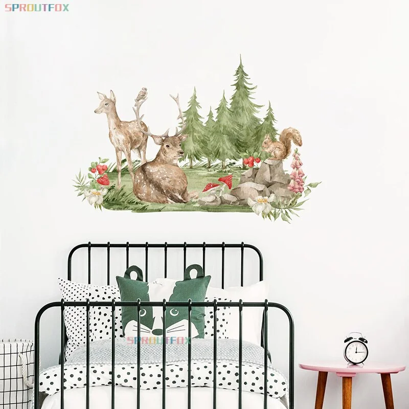 Nordic Cartoon Deer Wall Sticker Tree Green Forest Animal Wall Decals for Baby Room Living Room Decoration Kids Stickers