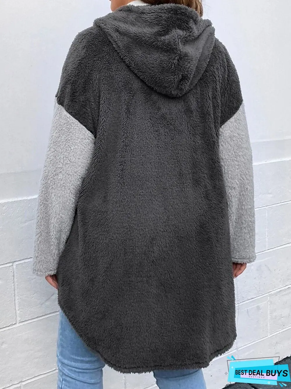 Plain Color Block Zipper Buckle Long Sleeve Hoodie Casual Teddy Jacket