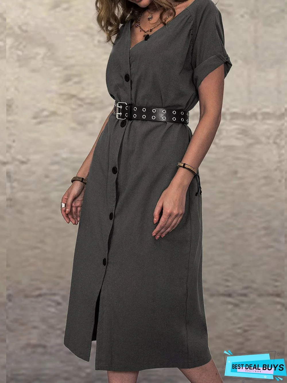 Short Sleeve V Neck Cotton-Blend Casual Weaving Dress