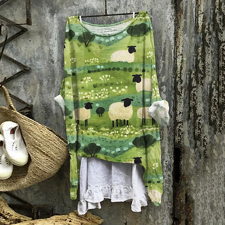 Farm Sheep Print Loose Casual Blouse