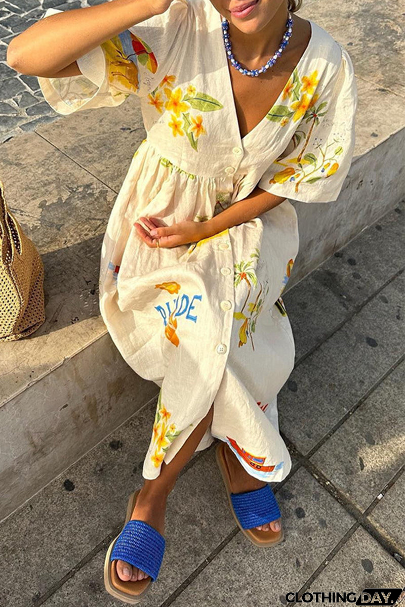 Casual Character Print Buttons V Neck A Line Dresses