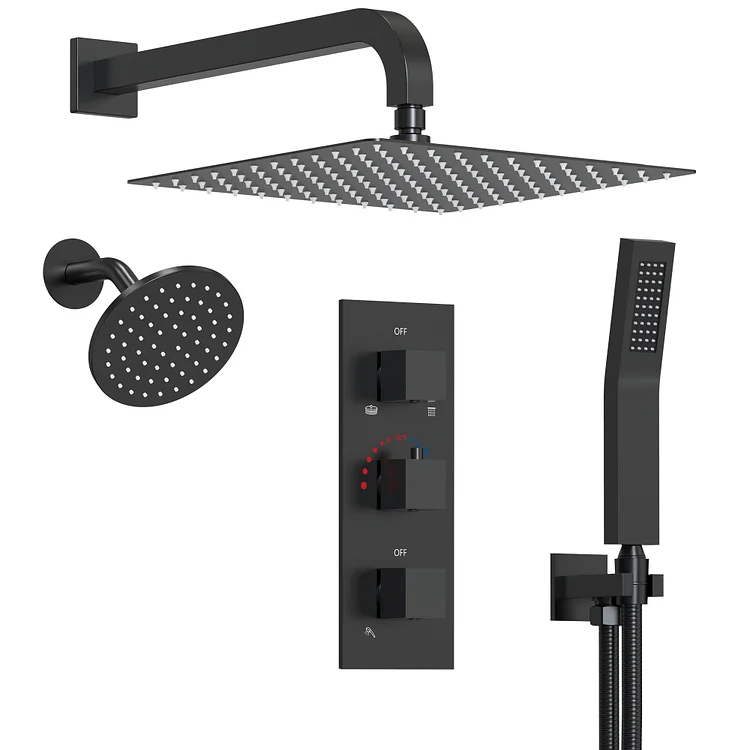 12" Rainfall Shower System | Thermostatic Valve, Handheld Unit & Adjustable Spray Modes SFS-1065-BK12