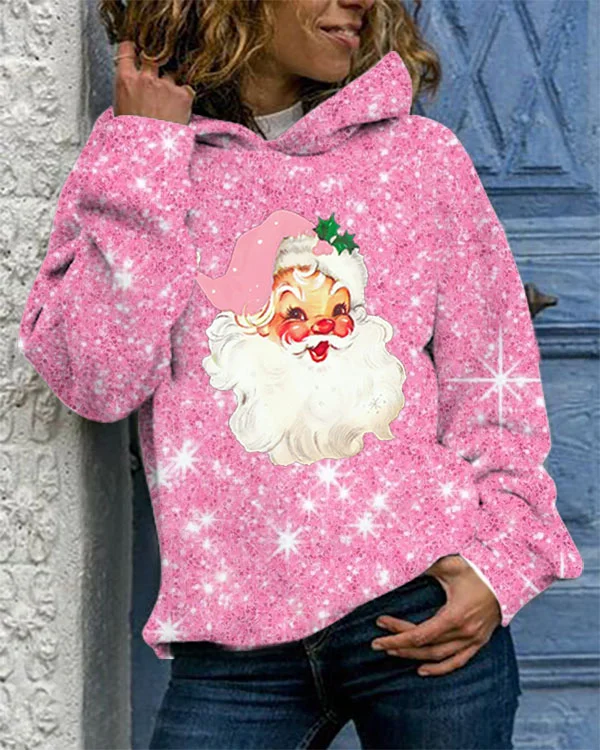 Christmas Pink Santa Print Hoodie Sweatshirt-