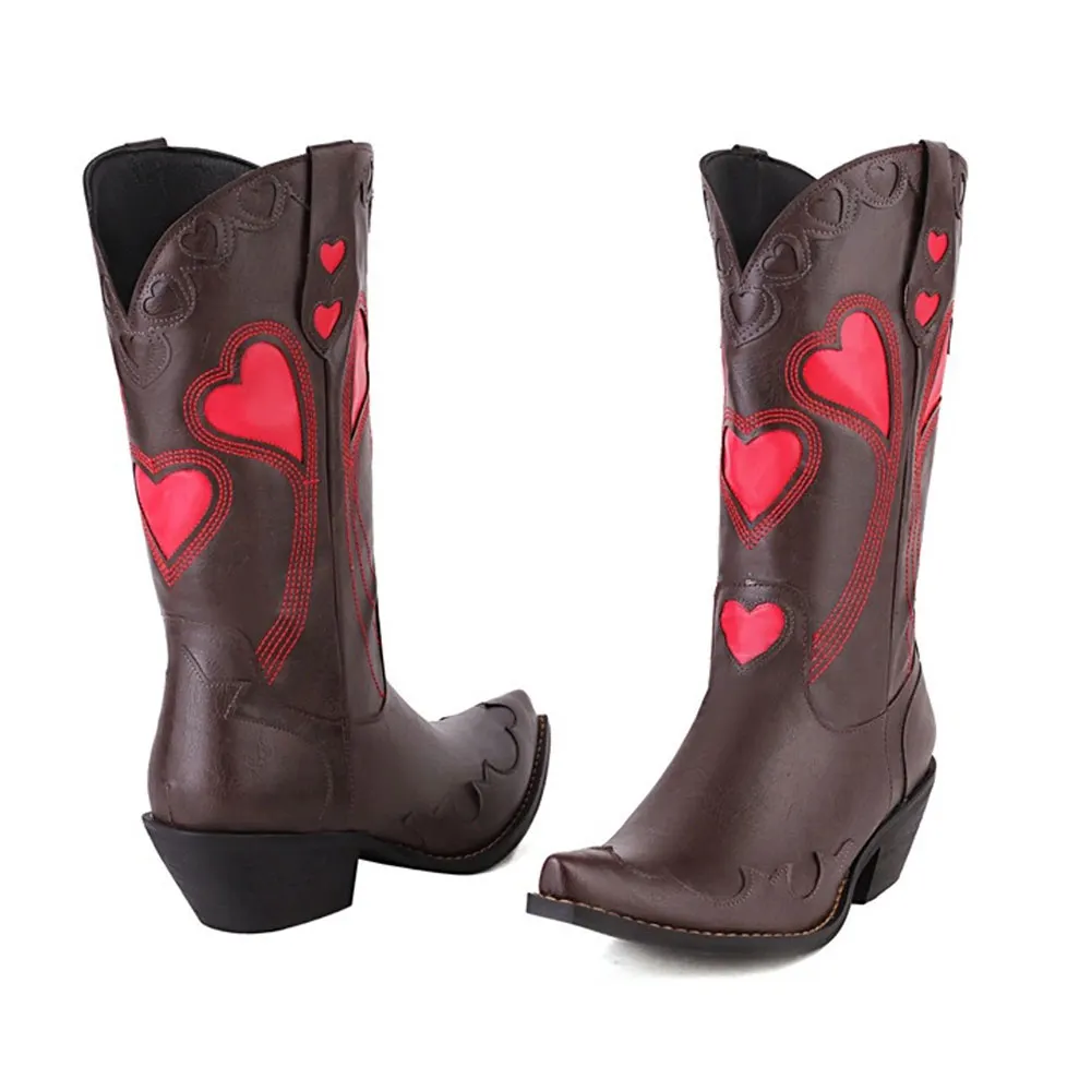 Chocolate Brown Heart Inlay Block Heel Mid Calf Western Boots