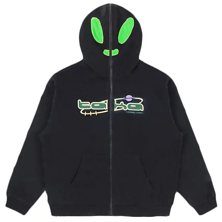 Alien Graphics Print Men's Y2K Full Zip Up Hoodies Jacket at Hiphopee