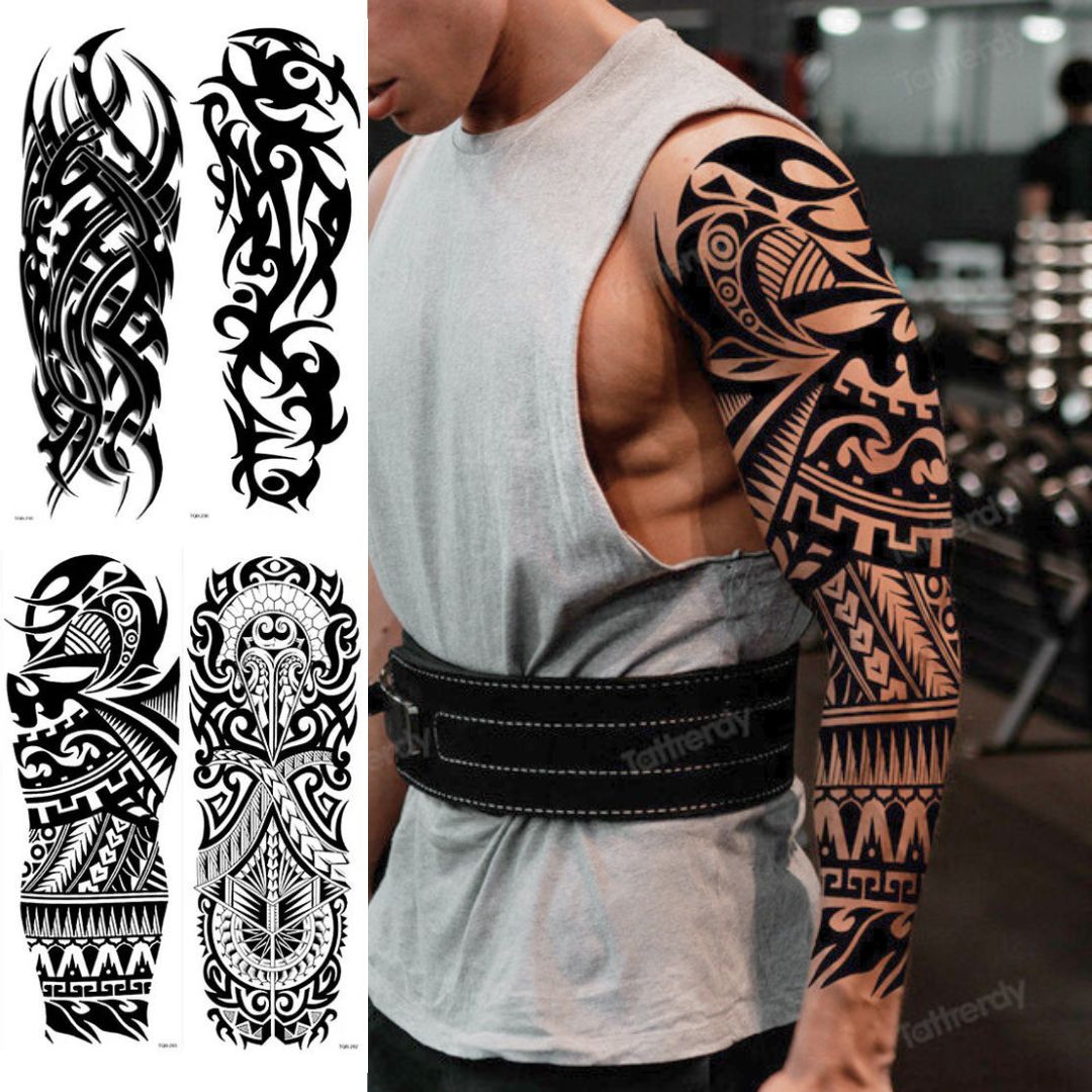 4 Sheets Full Arm Sleeve Maori Temporary Tattoos Realistic Thorns Totem ...