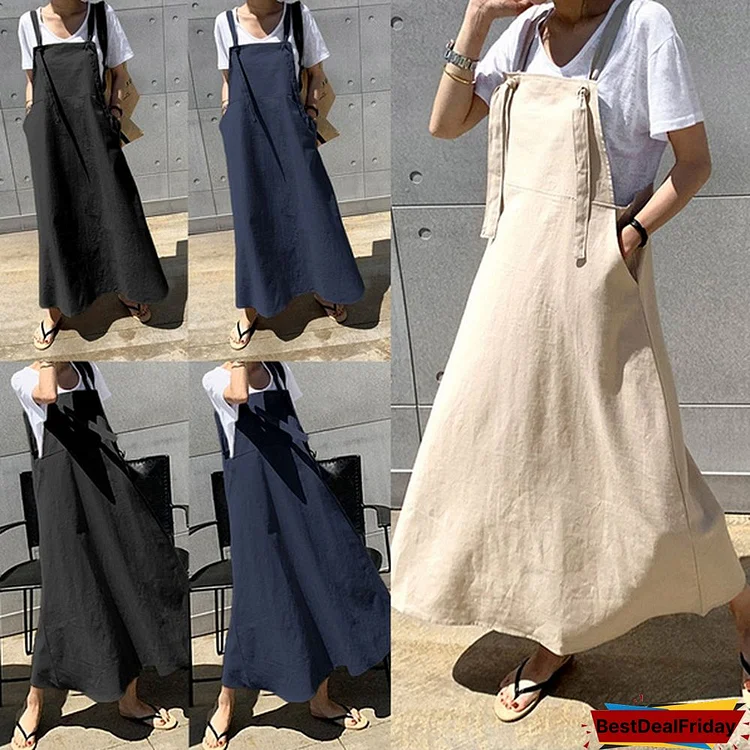 Women Sleeveless Dungarees Bib Pinafore Prom Baggy T Shirt Maxi Dress with Pockets Plus Size