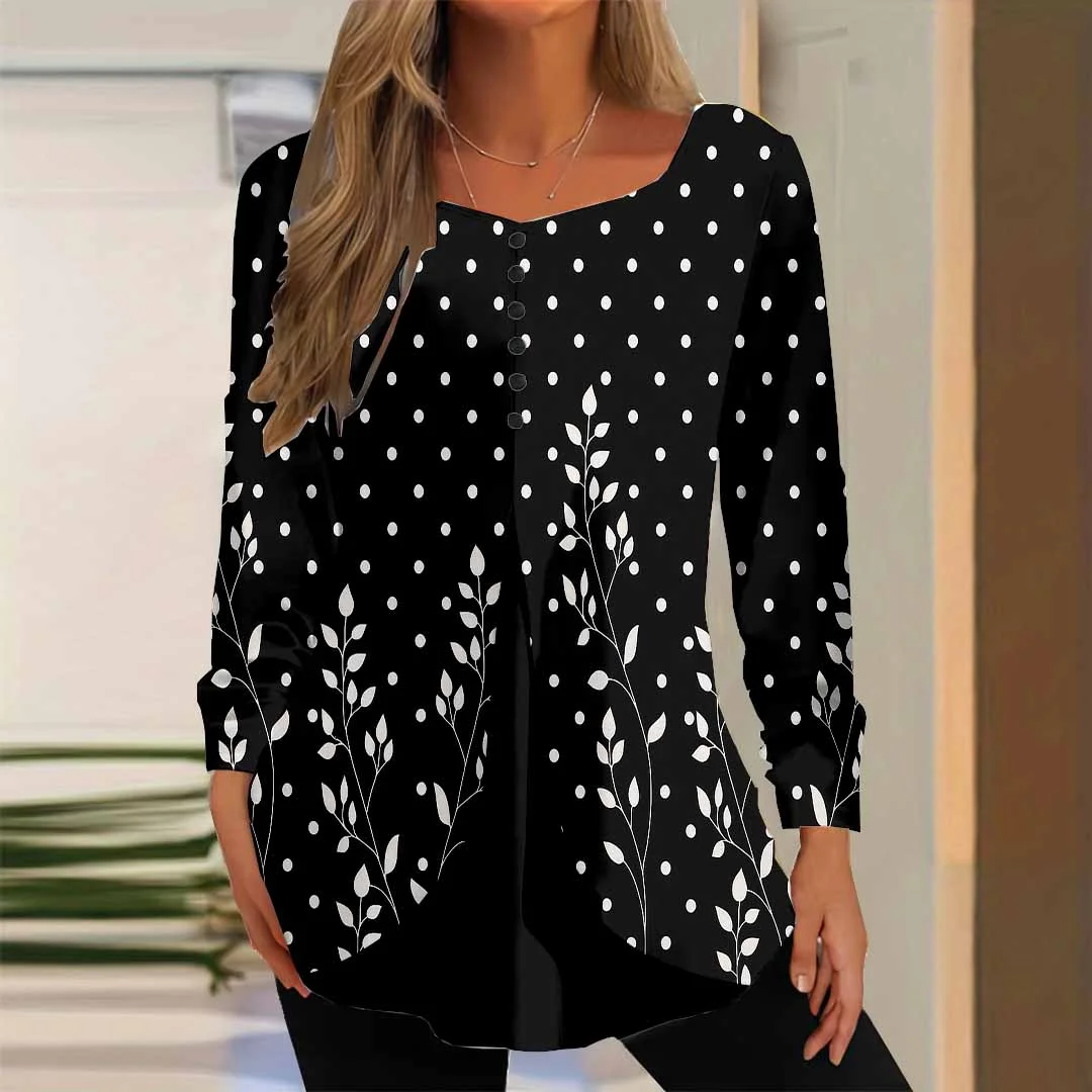 Women Floral,Polka Dot,Black DZGG8268 Long Sleeve Scoop Neck Printed Graphic Button Fake 2in1 Tops