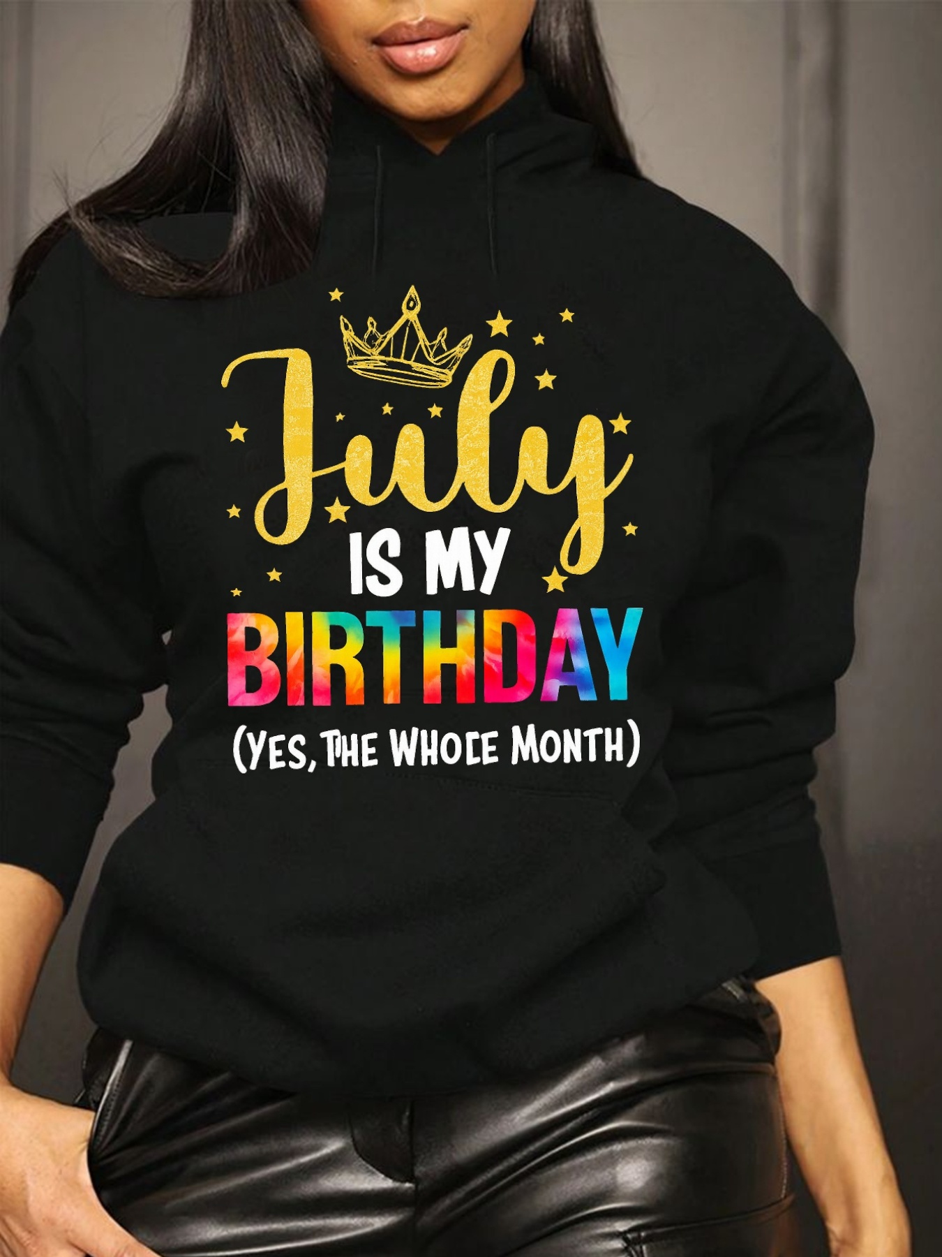 Womens Casual July Birthday Graphic Hoodie Black With Colorful Crown Stars Design Loose | IFYHOME