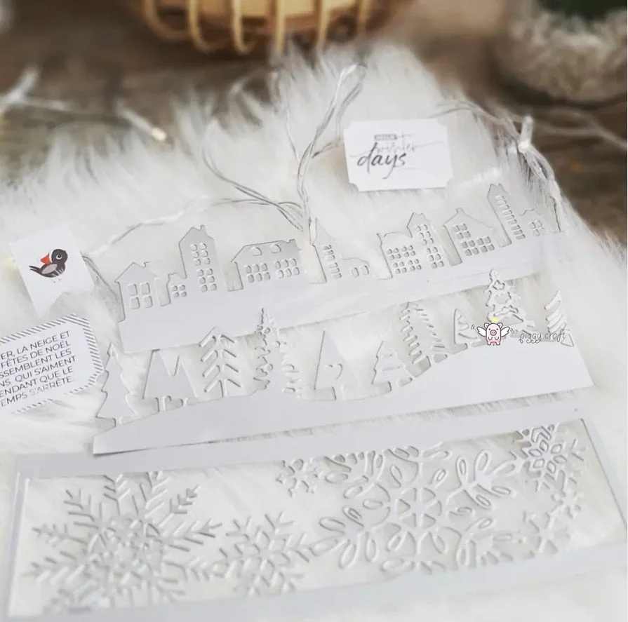 Piggy Craft metal cutting dies cut die mold Snowflake house tree side Scrapbook paper craft knife mould blade punch stencils