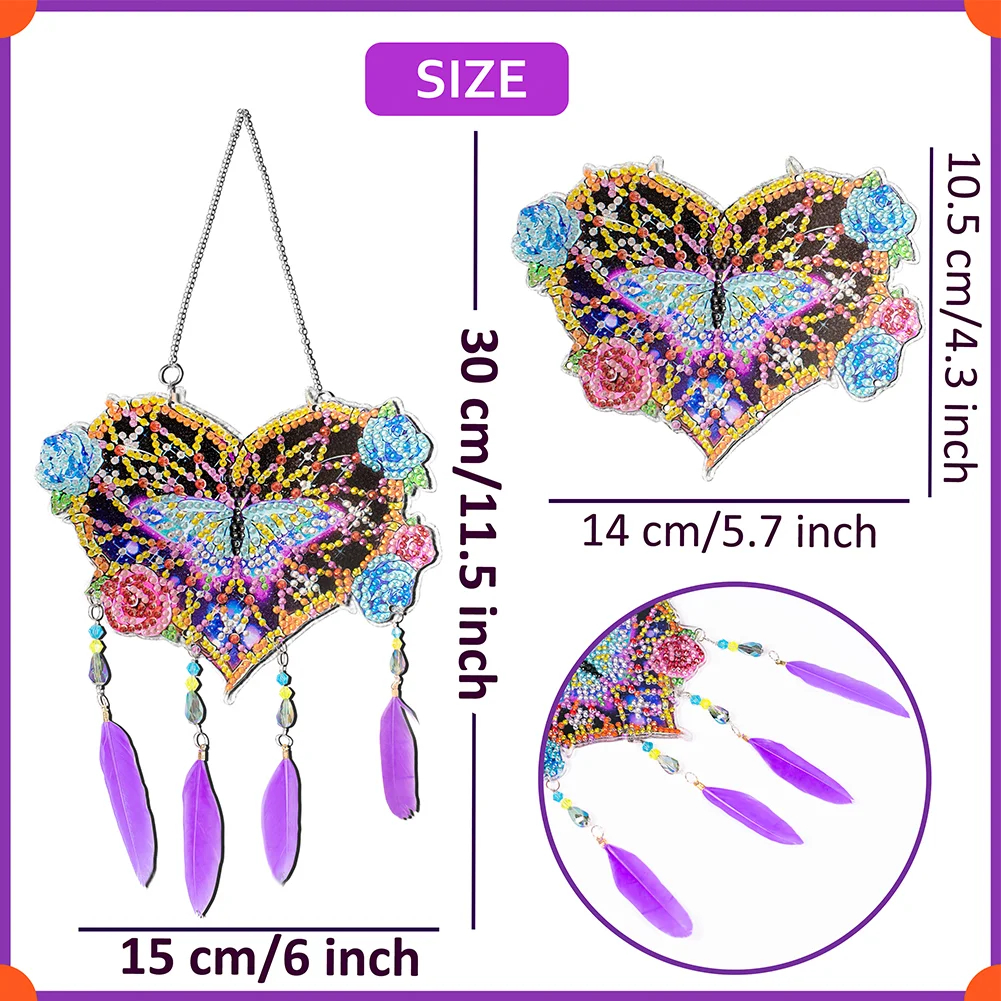 DIY Butterfly Flower Double Sided Feather Wind Chime Diamond Painting Hanging Pendant for Wall Decor