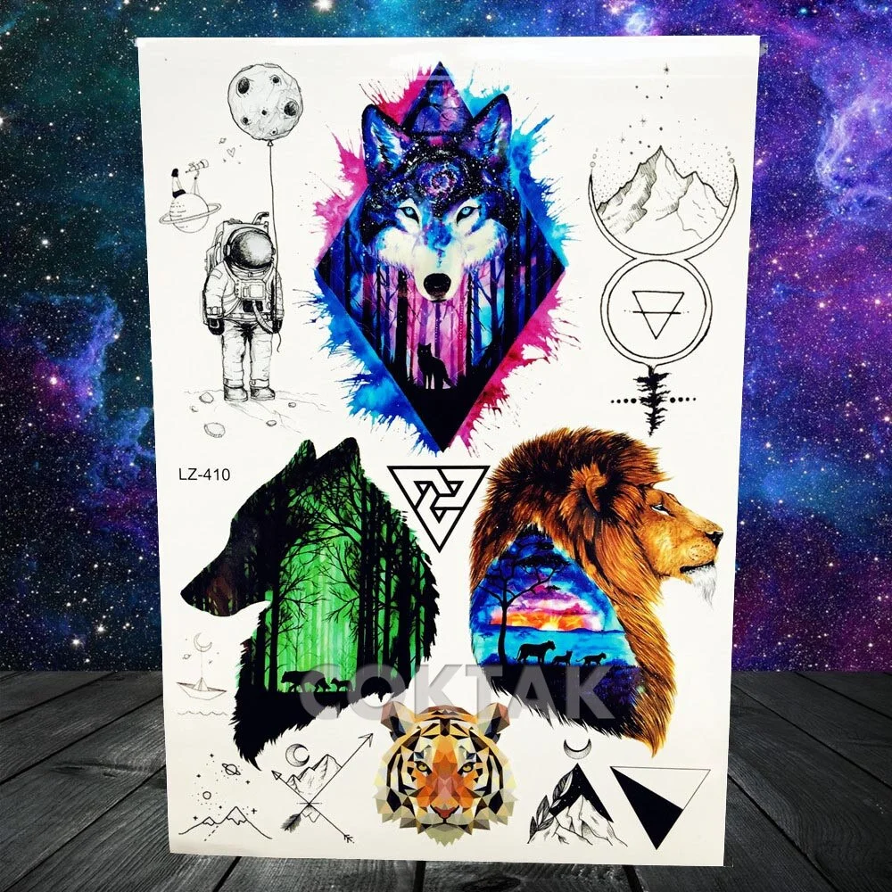 Geometric Skull Temporary Tattoos For Men Women Realistic Fake Wolf Gangster Tattoos Sticker Outer Space Planets Tatoos Washable