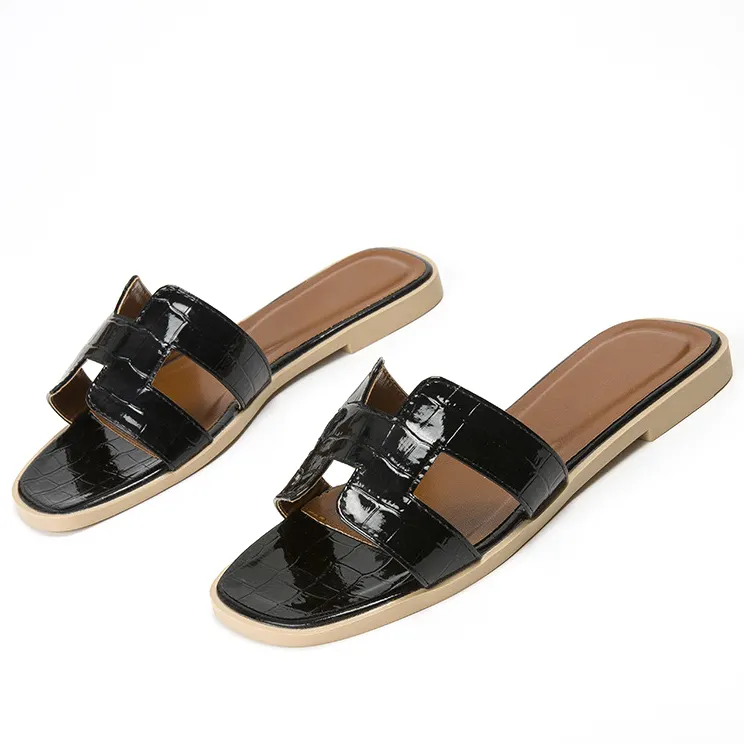 Womens Square Open Toe Summer Casual Flat Crocodile Slippers-vocosishoes