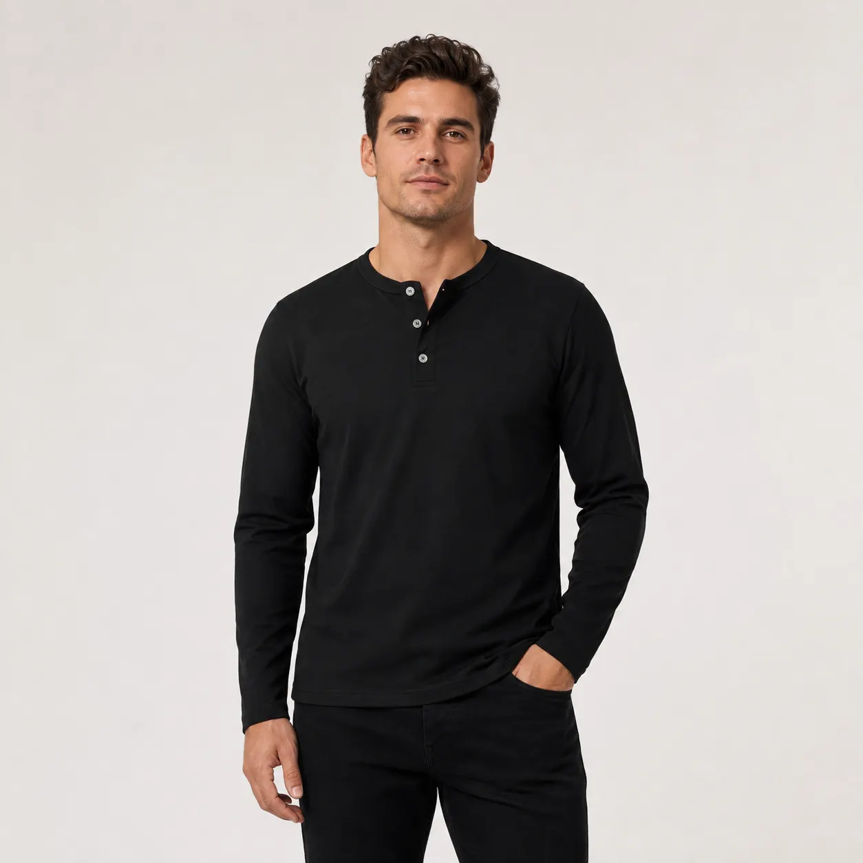 Front view of the black Bleamme Henley shirt