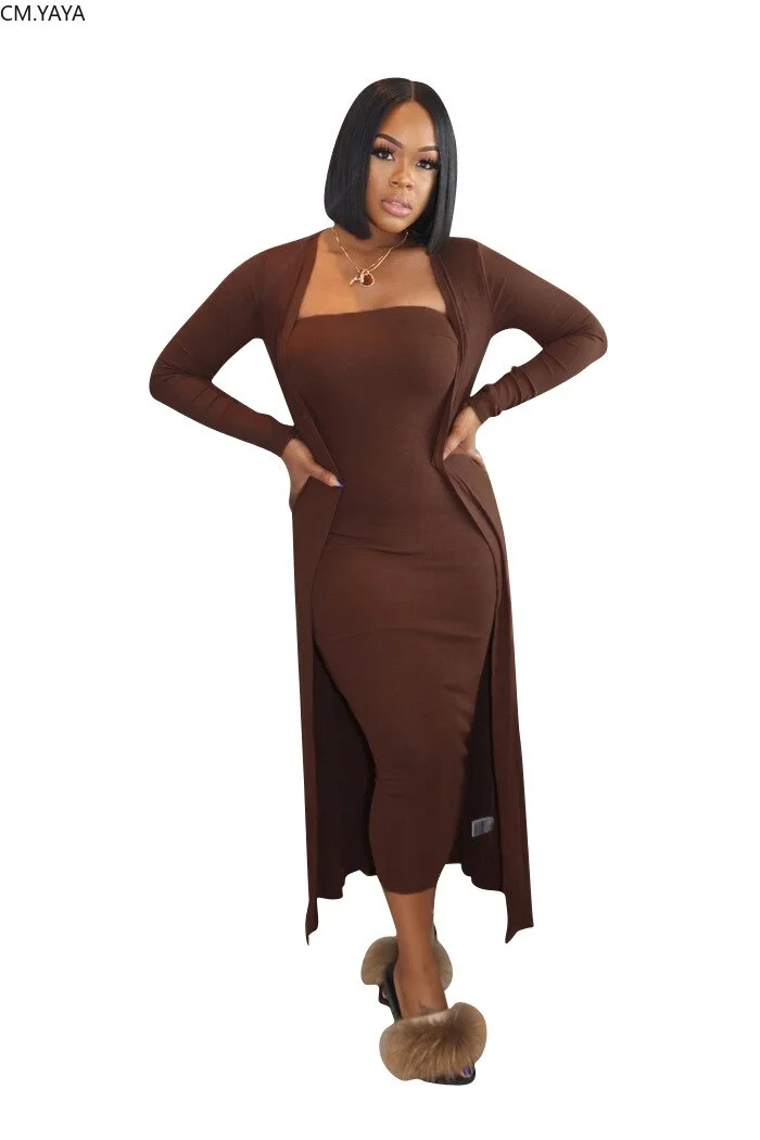 CM.YAYA High Street Women's Set Long Sleeve Cloak Tops Bodycon Midi Maxi Dress Suit Active Wear Tracksuit Two Piece Set Fitness