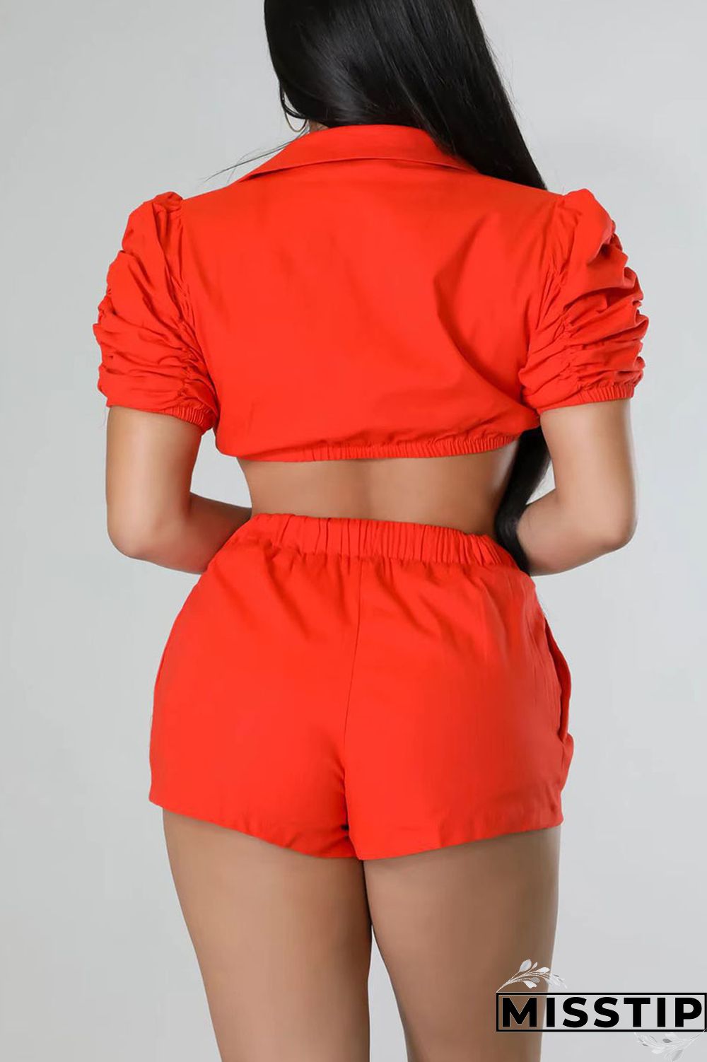 Black Casual Solid Patchwork Buckle Fold Turndown Collar Short Sleeve Two Pieces