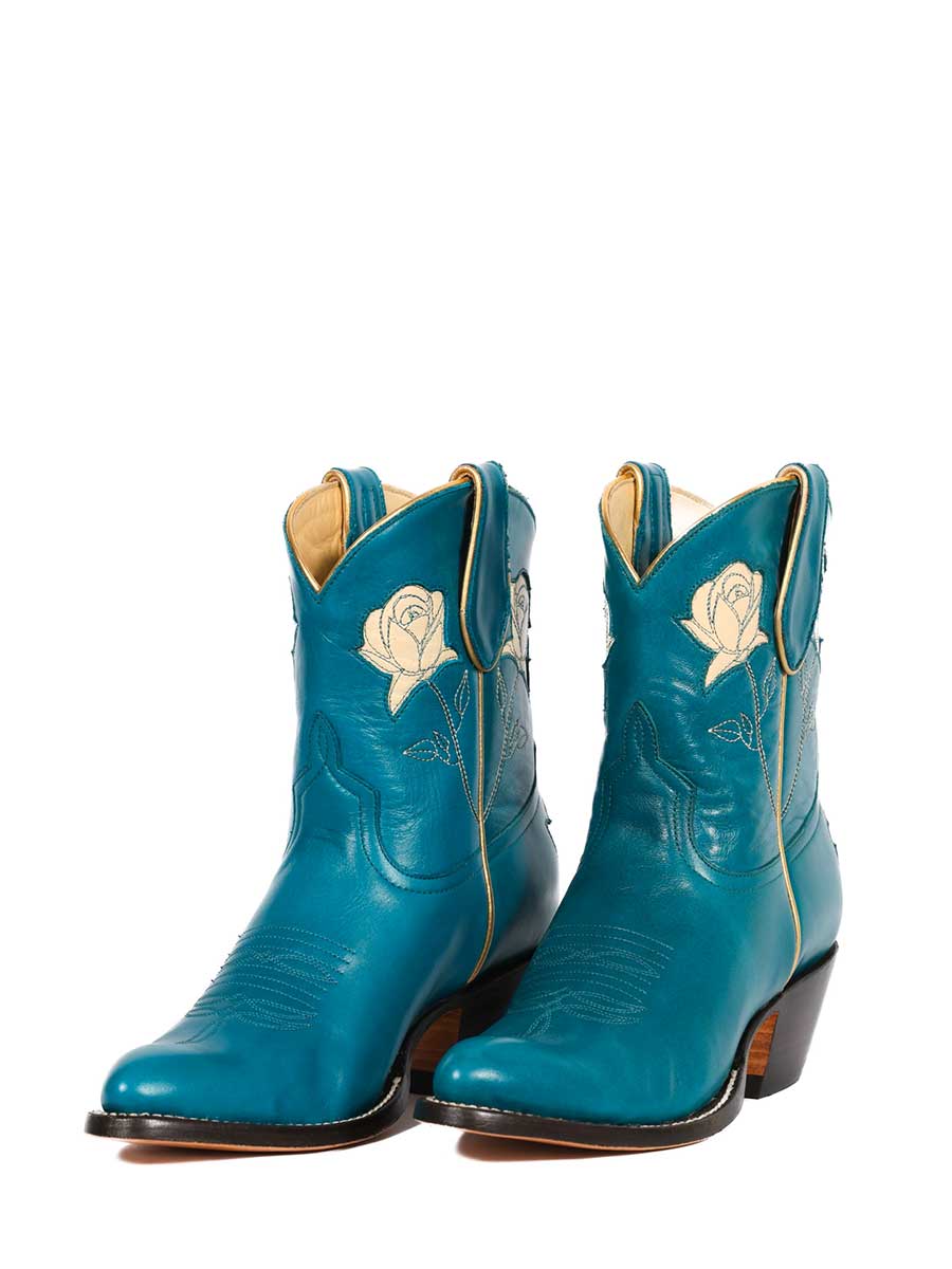 Blue Vegan Leather Round Toe Rose Inlay Block Heel Cowgirl Ankle Boots  