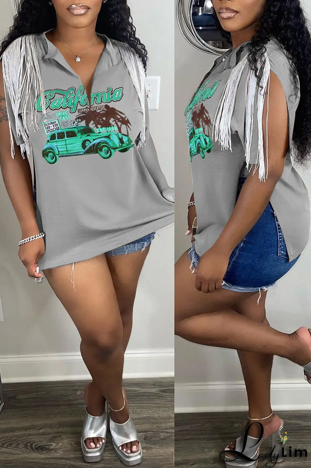 Grey Casual Street Print Tassel Patchwork Slit V Neck T-Shirts