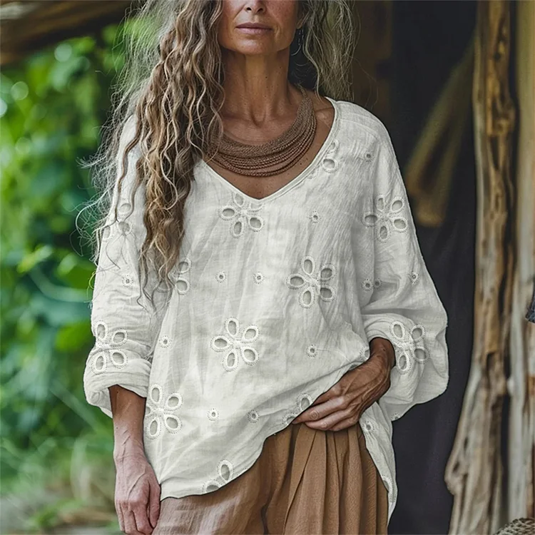 VChics Floral Hollow Lace Embroidered Flowy Linen Tunic
