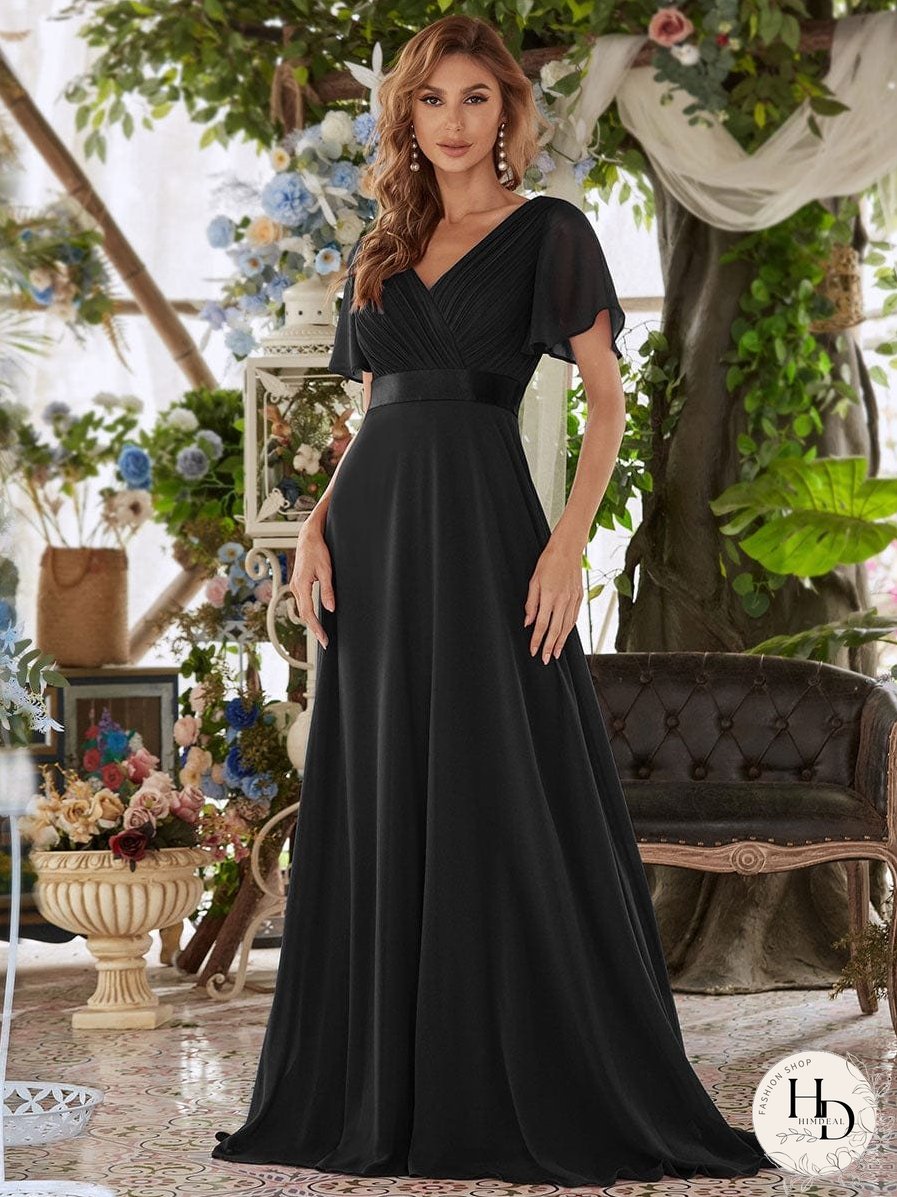 Elegant Double V-Neck Ruffled Padded Evening Gowns