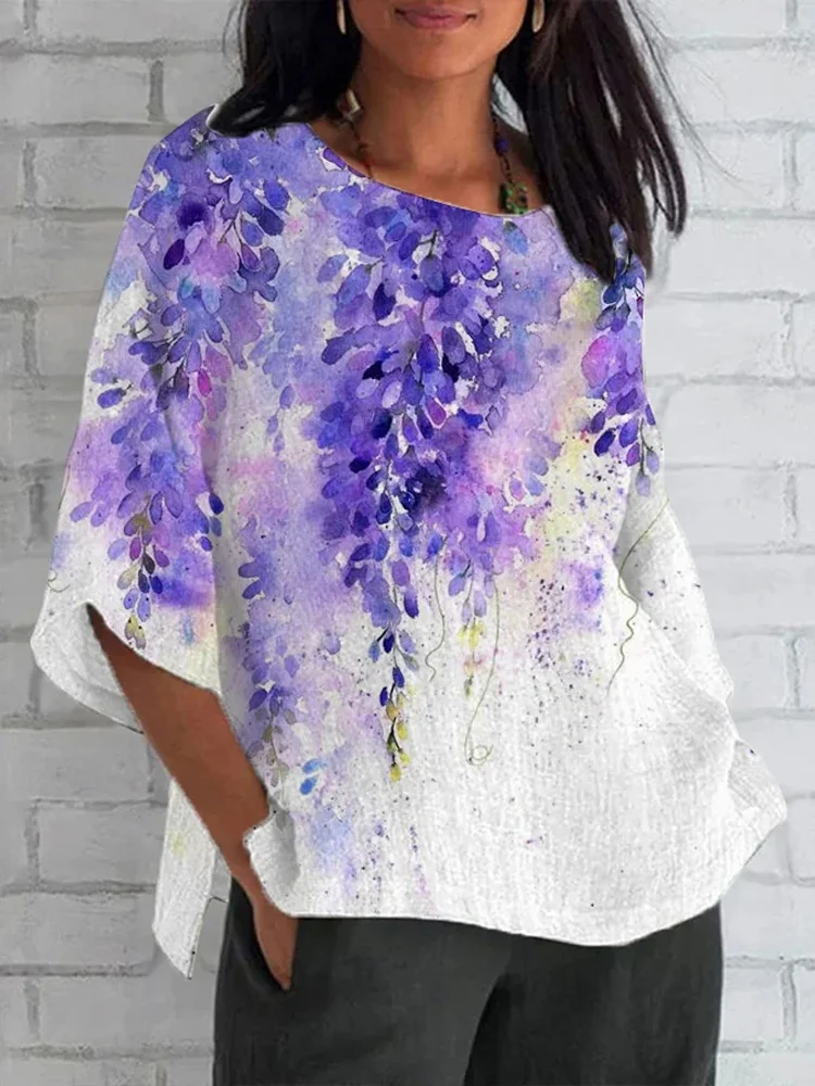 Women's Alzheimer'S Purple Flowers Print Round Neck Loose Shirt