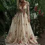Women's Vintage Roses Embroidery Art V-neck Long Sleeves Maxi Dress - Image 2
