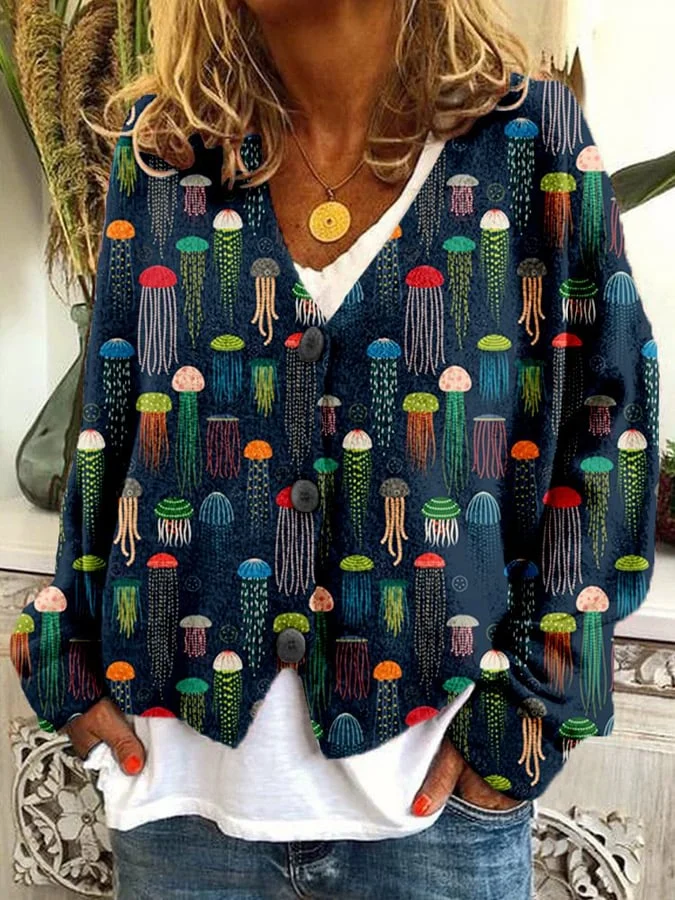 Women'S Colorful Jellyfish Art Button Up Cardigan Sweater