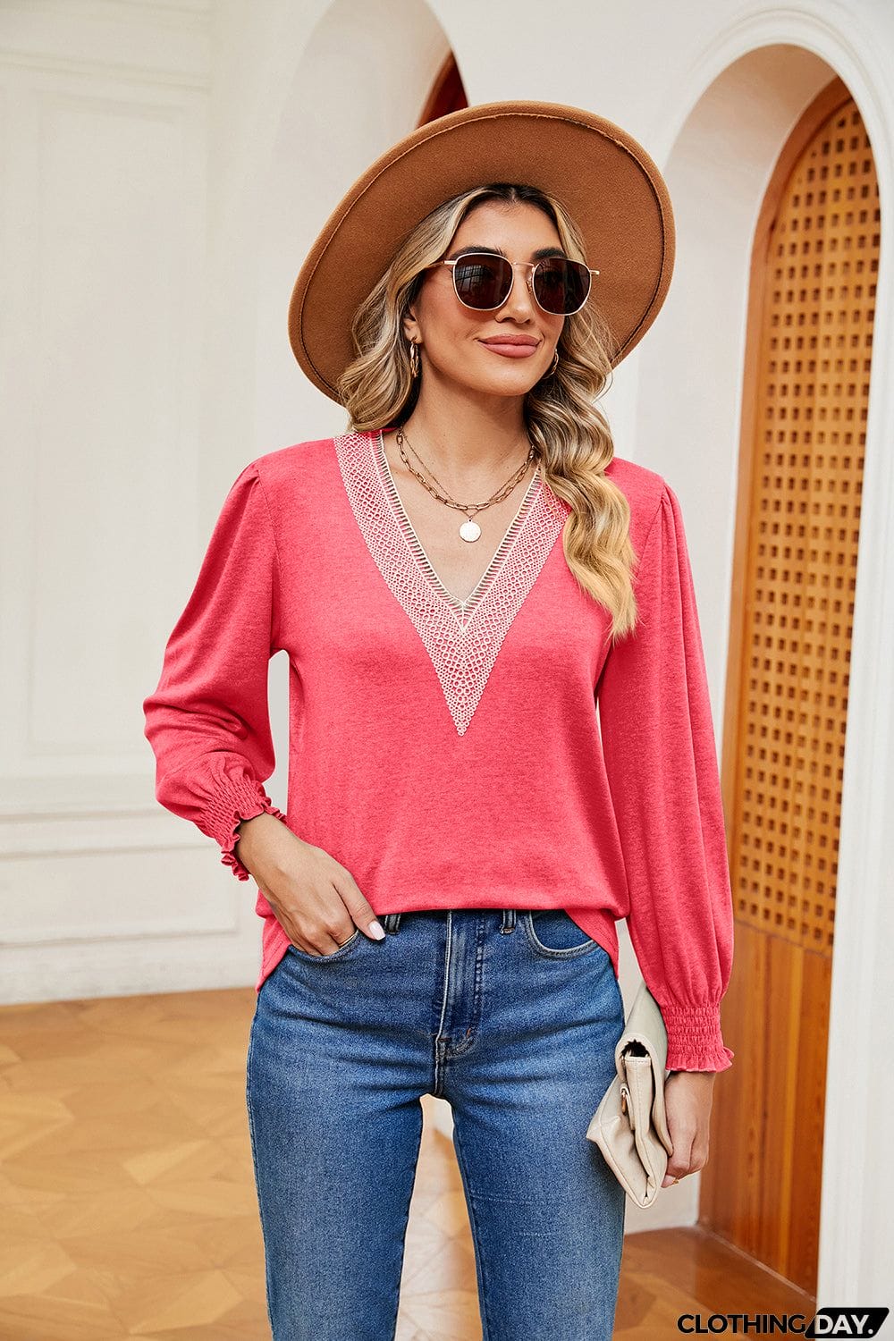 Contrast V-Neck Long Sleeve Top