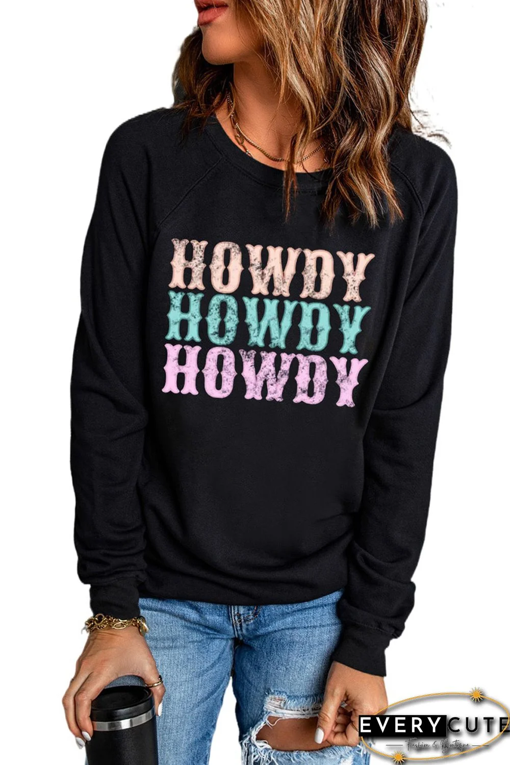 Black Trio Howdy Letter Print Casual Pullover