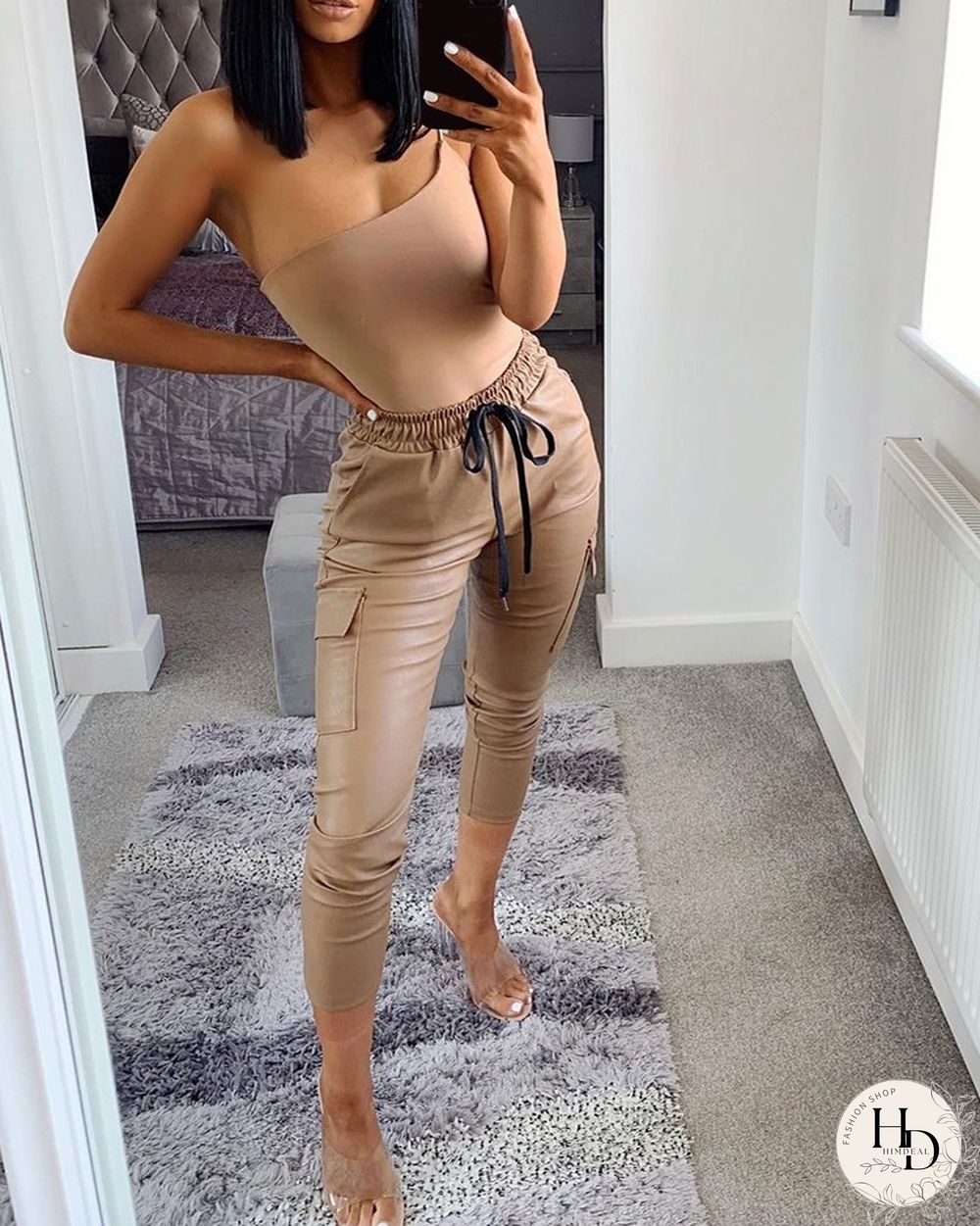 Pocket Design Drawstring Skinny PU Pants