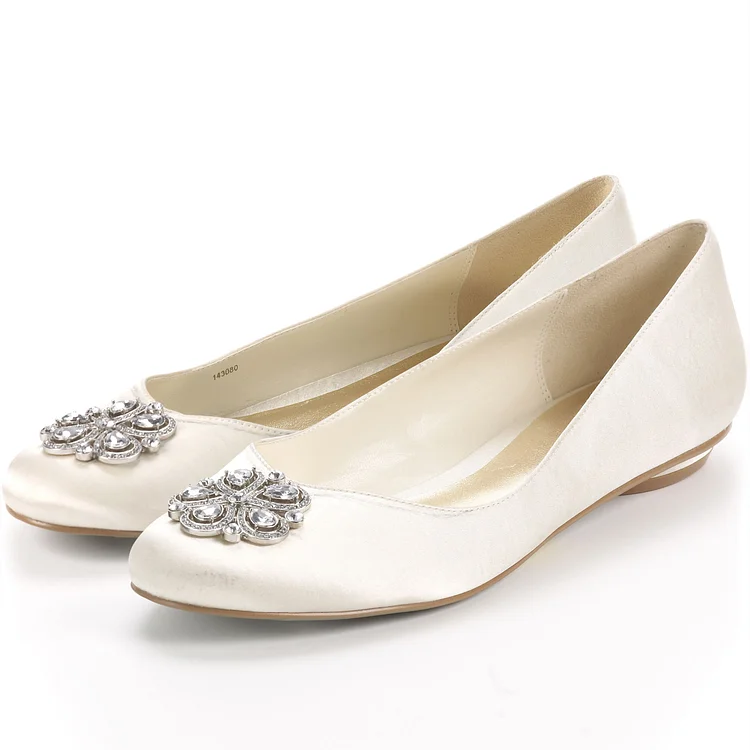Satin White Rhinestone Ballet Flats for Comfortable Wedding Shoes. Vdcoo