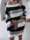Off-The-Shoulder Contrast Color Striped Loose Long Sleeve Sweater Mini Dress