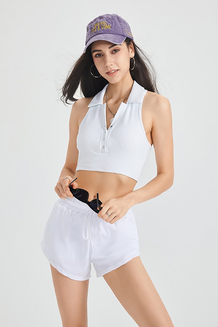V Neck Button Turndown Collar Yoga Tank Top