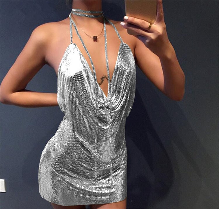 Sexy Diamond Halter Metal Party Dresses Gold Silver Summer Dress Vesitos Backless Sequins Women Dress Dropshipping