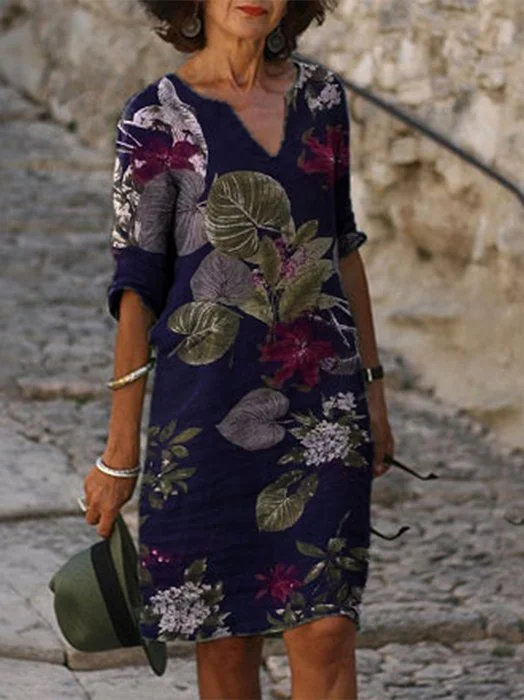 Women's Vintage Floral Print V-Neck Shift Dress
