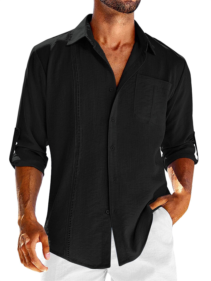 Men's Basic Loose Solid Color Cotton Linen Lace Casual Long Sleeve Wristlet Pocket Lapel Casual Shirt Cardigan