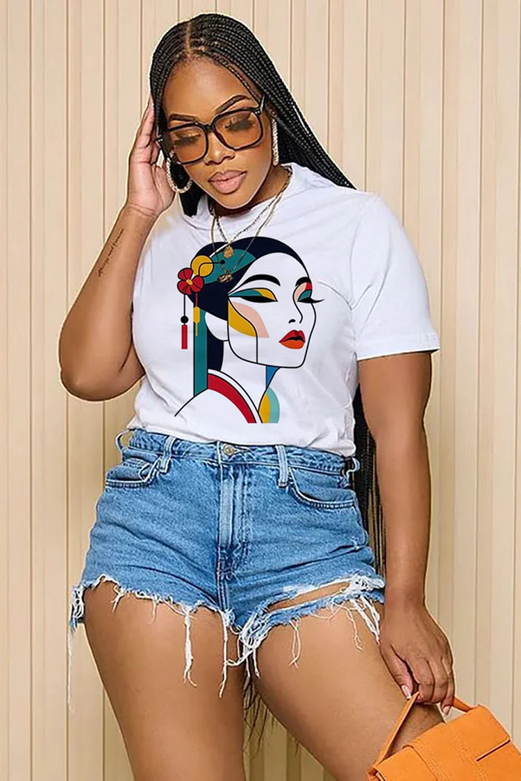 LORAGAL Ancient Girl Print Short Sleeve Casual T-Shirt-White