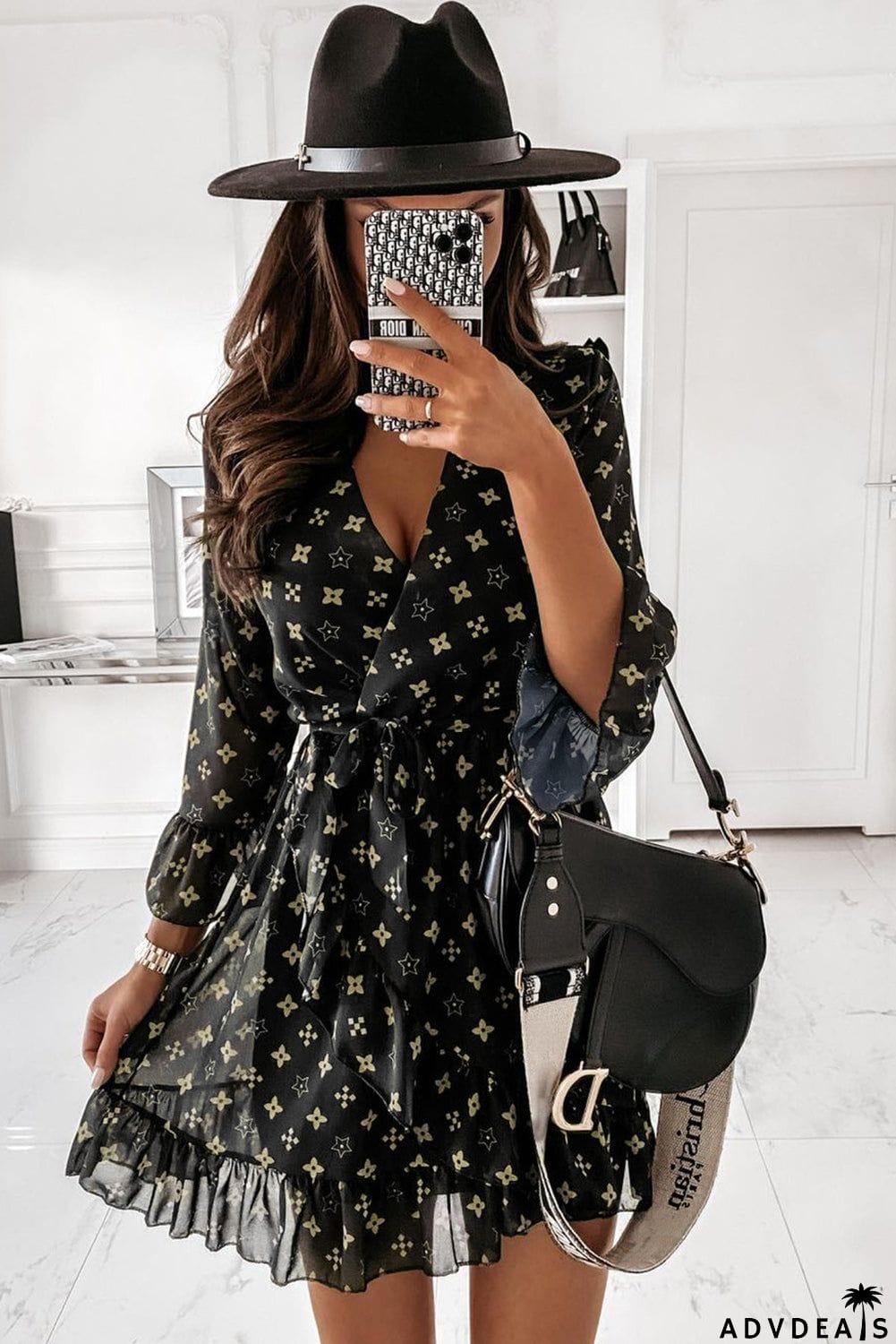 Pattern Printed Wrap V Neck Tie Waist Ruffled Hemline Mini Dress