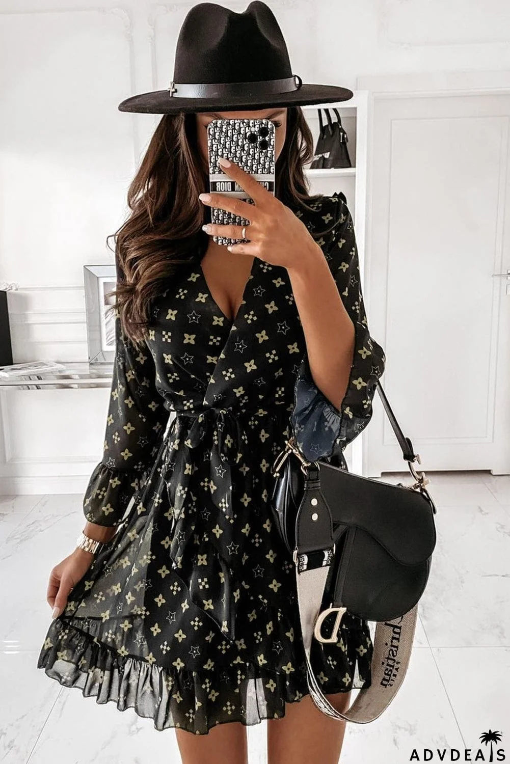 Pattern Printed Wrap V Neck Tie Waist Ruffled Hemline Mini Dress