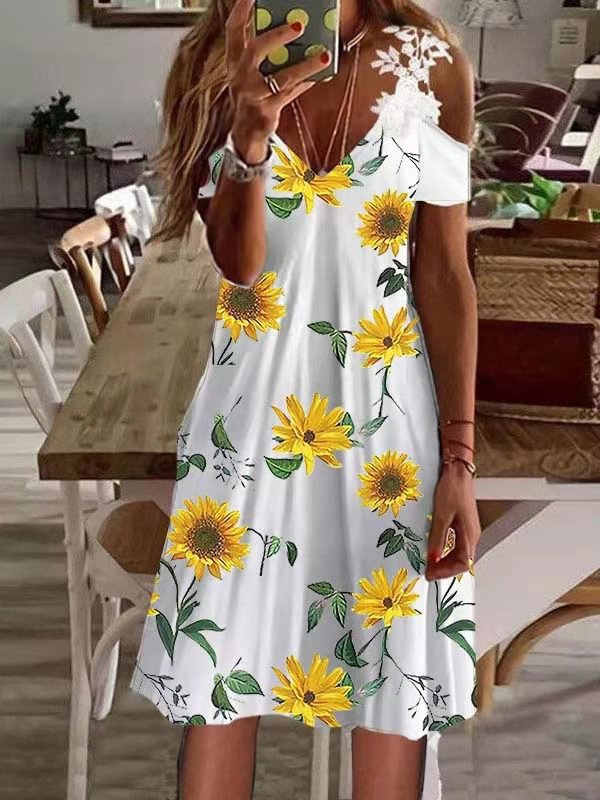 Floral-print Off-the-shoulder Lace-trimmed Short-sleeve Dress