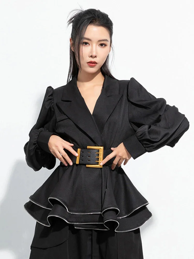 Women's Black Notched Lapel Pu Belted Ruffle Hem Long Sleeve Blazer