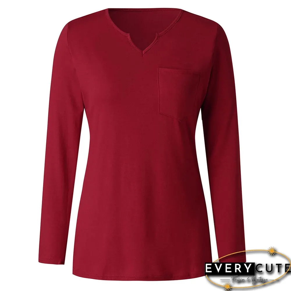 Red Modal Cotton Pocketed Long Sleeve Tops